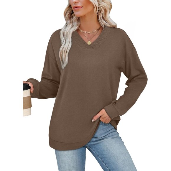 Women Sweatshirt V-Neck Ribbed Panels Fall Casual Cozy Long Sleeve - Picture 2 of 5